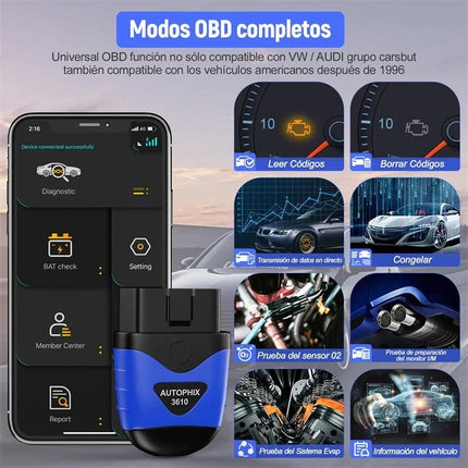 Autophix Scanner for Everyday Car Maintenance Checks at Home - OBD2 diagnostic tool plugged into car with app interface and sensor tests