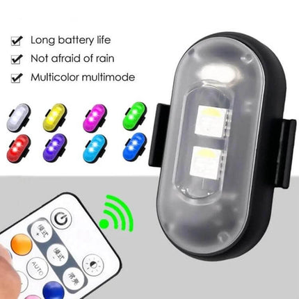 Wireless Remote Control Motorcycle Warning Light Magnetic Mount showing compact magnetic LED unit, remote control, and multicolor mode for helmets, bikes, cars
