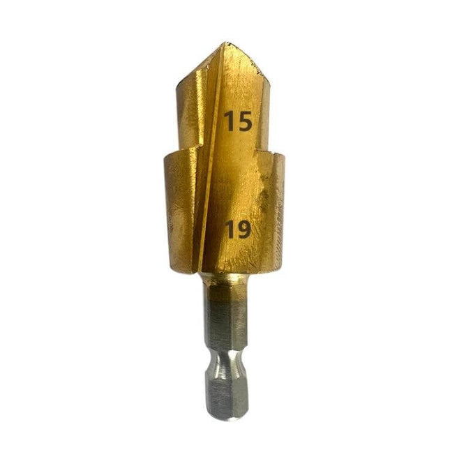 Hexagonal Shank PPR Step Drill Bits For Leak Repair (20, 25, 32) gold-coated step drill bit showing 15 and 19mm markings on hex shank