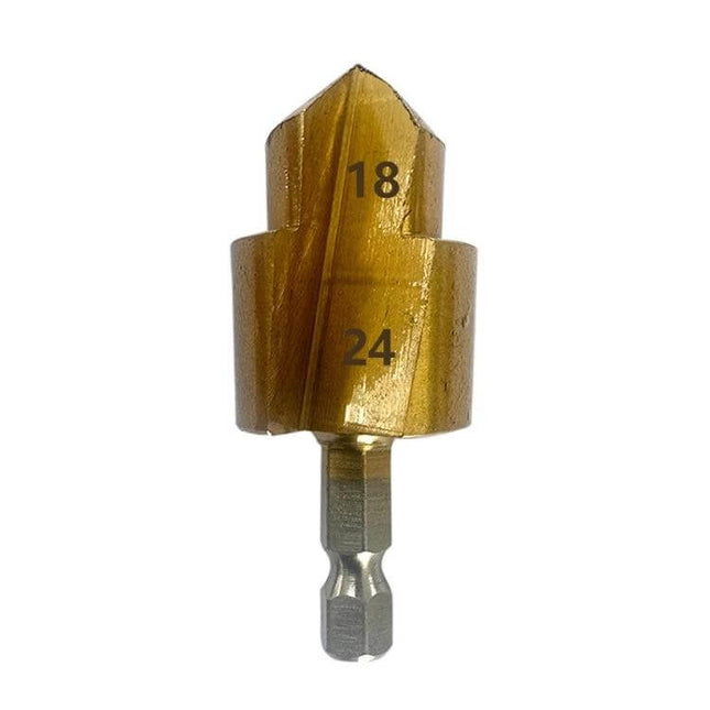 Hexagonal Shank PPR Step Drill Bits For Leak Repair (20, 25, 32) - gold step drill bit showing 18 and 24mm steps with hex shank for PPR pipe repair