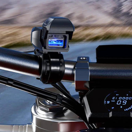 Kewig Motorcycle Phone Charger Waterproof for Outdoor Riding mounted on handlebar with illuminated USB port in wet-weather ready housing
