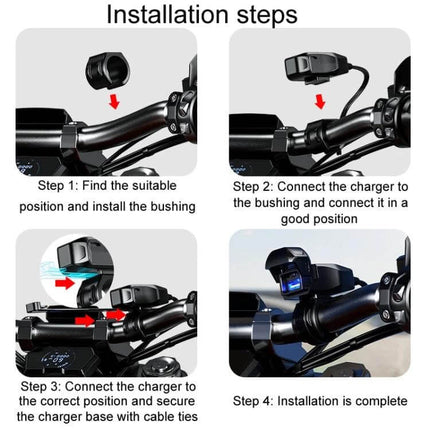 Kewig Motorcycle Phone Charger Waterproof for Outdoor Riding installed on motorcycle handlebar showing step-by-step installation guide