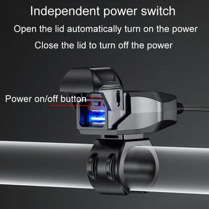 Alt Tag: Kewig Motorcycle Phone Charger Waterproof for Outdoor Riding mounted on handlebars with waterproof USB port and power on/off switch