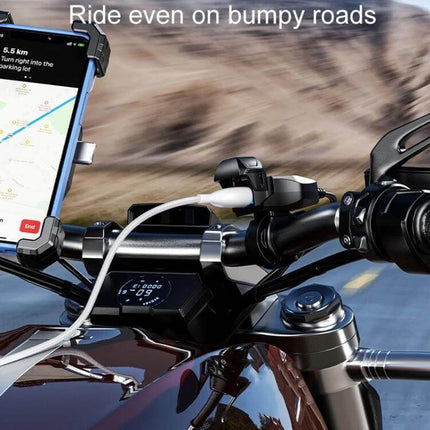 Kewig Motorcycle Phone Charger Waterproof for Outdoor Riding mounted on handlebars charging phone with GPS on wet dusty road