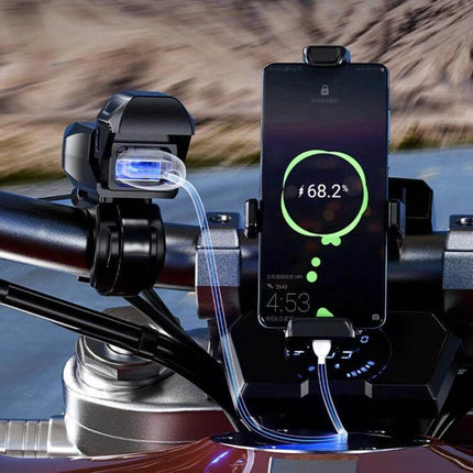 Kewig Motorcycle Phone Charger Waterproof for Outdoor Riding mounted on handlebars charging a smartphone during wet outdoor ride