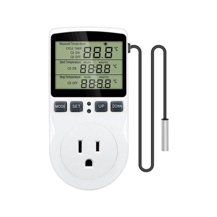US Plug Digital Thermostat for Home Temperature Control with Timer - white plug-in unit with probe and LCD timer display