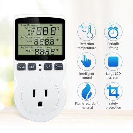 US Plug Digital Thermostat for Home Temperature Control with Timer showing LCD, buttons and plug inlet