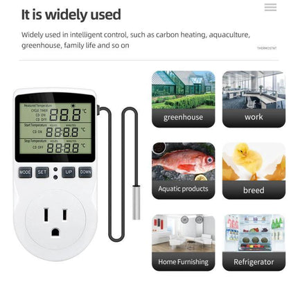 US Plug Digital Thermostat for Home Temperature Control with Timer plugged in showing probe and icons for greenhouse, aquarium, fridge and home use