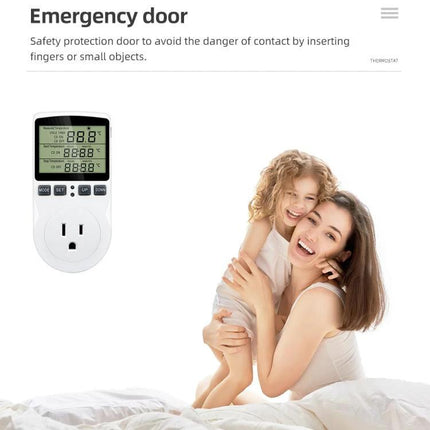 US Plug Digital Thermostat for Home Temperature Control with Timer shown next to smiling mother and child demonstrating home use