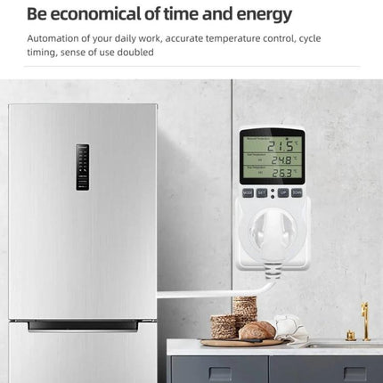 US Plug Digital Thermostat for Home Temperature Control with Timer controlling fridge and appliances with clear LCD timer display