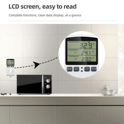 US Plug Digital Thermostat for Home Temperature Control with Timer showing LCD screen and timer settings near a microwave