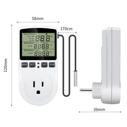 US Plug Digital Thermostat for Home Temperature Control with Timer showing LCD, probe, buttons and dimensions