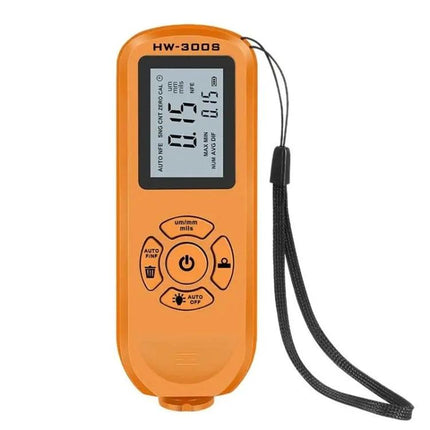Coating Thickness Gauge for Precise Paint Measurement - orange handheld gauge with LCD display and probe strap for automotive and manufacturing use