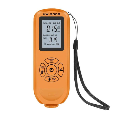 Coating Thickness Gauge for Precise Paint Measurement - handheld orange meter with probe and wrist strap displaying 0.15mm readings