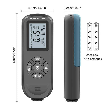 Coating Thickness Gauge for Precise Paint Measurement - handheld HW-300S with LCD, precision probe 0.05–2.00mm, 4.72in x 1.69in, uses 2x AAA batteries