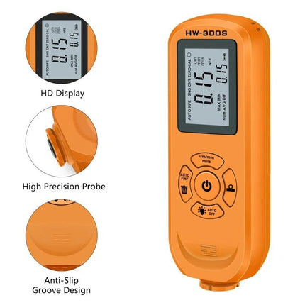 Coating Thickness Gauge for Precise Paint Measurement - orange HW-300S with HD display, precision probe measuring 0.05–2.00mm for automotive and industrial use