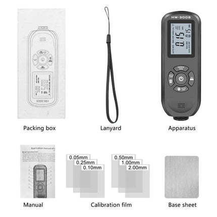 Coating Thickness Gauge for Precise Paint Measurement handheld device with probe, lanyard, calibration films, manual and base sheet