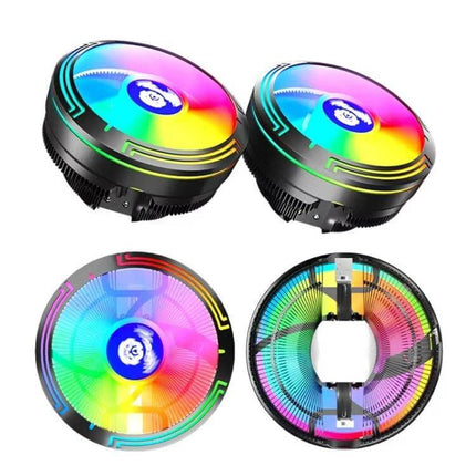 Colorful LED CPU Cooling Fan for Desktop Performance - RGB cooler showing four angled and top views for gaming PC heat management