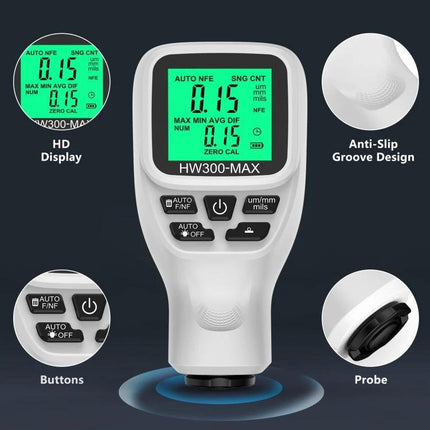 Coating Thickness Gauge for Measuring Industrial Paint Coatings - handheld HW300-MAX with HD display, probe, anti-slip design for steel aluminum copper inspections