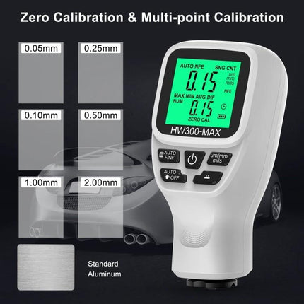 Coating Thickness Gauge for Measuring Industrial Paint Coatings - HW300-MAX handheld gauge with LCD showing 0.15mm and calibration blocks