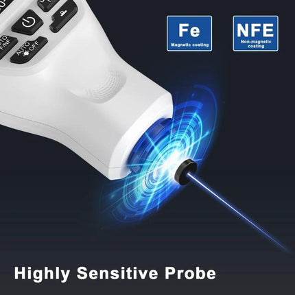 Coating Thickness Gauge for Measuring Industrial Paint Coatings with highly sensitive probe measuring paint on metal surfaces