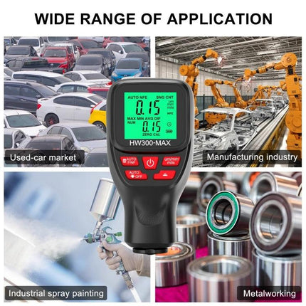 Coating Thickness Gauge for Measuring Industrial Paint Coatings - handheld HW300-MAX used in automotive, manufacturing, spray painting, metalworking
