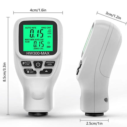 Coating Thickness Gauge for Measuring Industrial Paint Coatings handheld digital meter showing LCD readout and buttons for inspecting paint, enamel, chrome thickness