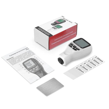 Coating Thickness Gauge for Measuring Industrial Paint Coatings handheld meter with calibration foils, instruction manual and retail box