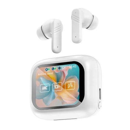 Wireless In Ear Earphones With Touchscreen Charging Case showing ANC, ENC, mode icons and earbuds in white, commuter-ready design