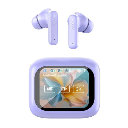 Wireless In Ear Earphones With Touchscreen Charging Case in lavender showing ANC, ambient modes and full-color display