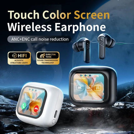 Wireless In Ear Earphones With Touchscreen Charging Case showing ANC, ENC, color touch screen and earbuds in black and white