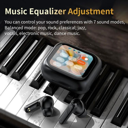 Wireless In Ear Earphones With Touchscreen Charging Case showing ANC earbuds and full-color touch screen equalizer on piano keys