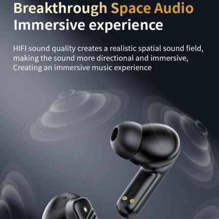 Wireless In Ear Earphones With Touchscreen Charging Case showing black LX-10 earbuds with immersive space audio visuals and HiFi sound