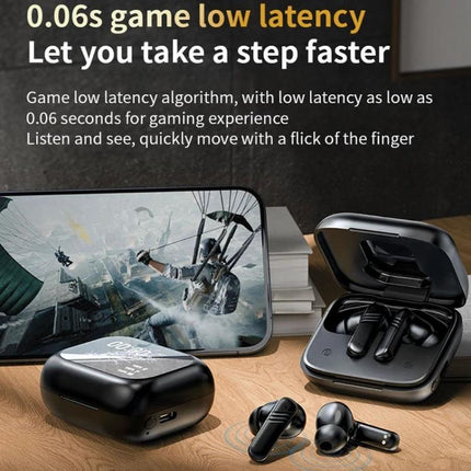 Wireless In Ear Earphones With Touchscreen Charging Case displayed with open charging case, earbuds and gaming phone showcasing low latency