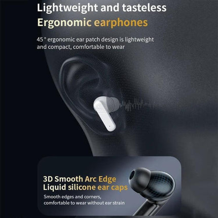 Wireless In Ear Earphones With Touchscreen Charging Case shown in-ear on ergonomic ear with 3D smooth arc silicone ear caps