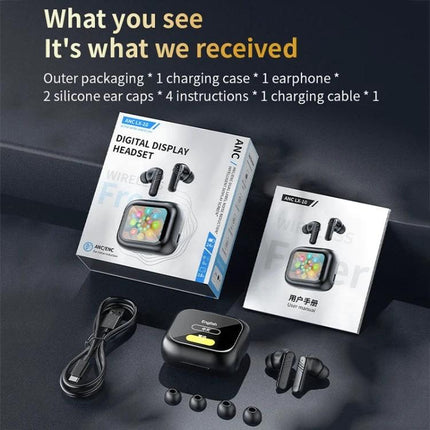 Wireless In Ear Earphones With Touchscreen Charging Case showing earbuds, touchscreen charging case, cables, and extra ear tips