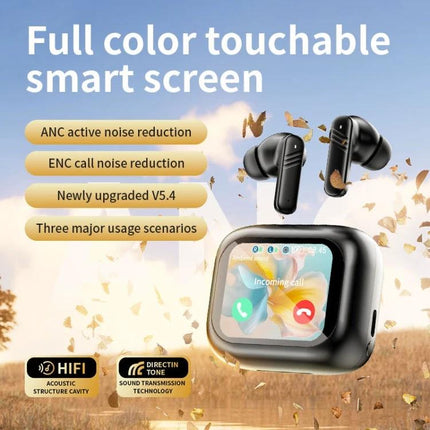 Wireless In Ear Earphones With Touchscreen Charging Case showing earbuds and full-color touch screen case with ANC ENC features