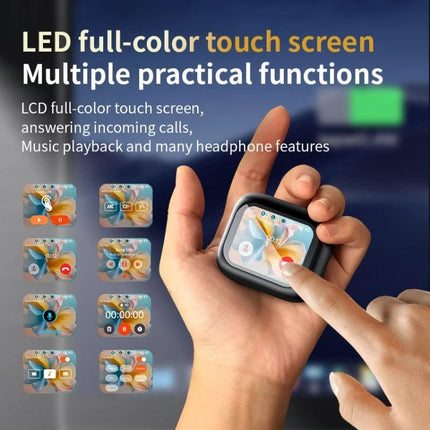 Wireless In Ear Earphones With Touchscreen Charging Case showing full-color LCD touch screen controls and compact charging case