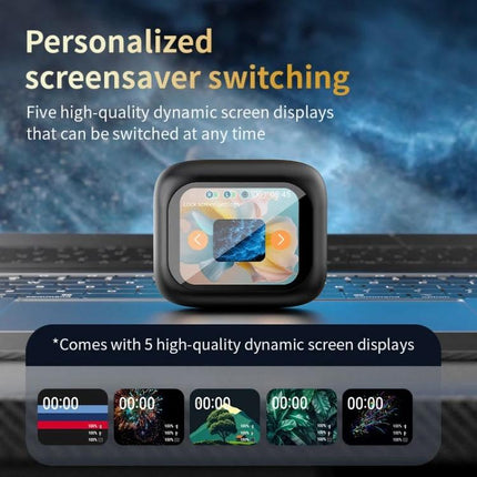 Wireless In Ear Earphones With Touchscreen Charging Case showing full-color touch screen and dynamic displays