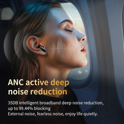 Wireless In Ear Earphones With Touchscreen Charging Case wearing ANC earbuds on commuter reducing noise for calls and music