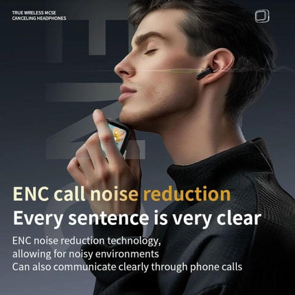 Wireless In Ear Earphones With Touchscreen Charging Case showing ANC/ENC call noise reduction and on-device color touchscreen controls
