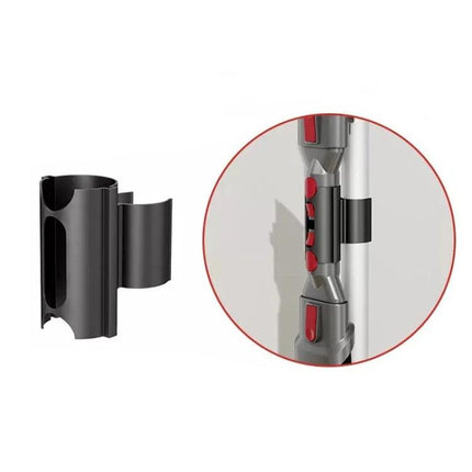 Dyson V6 to V15 Vacuum Attachment Storage Holder Clip mounted on extension rod holding two small suction heads