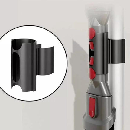 Dyson V6 to V15 Vacuum Attachment Storage Holder Clip mounted on extension rod holding two small suction heads for quick tool swaps