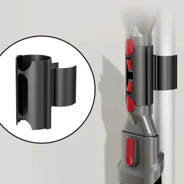 Dyson V6 to V15 Vacuum Attachment Storage Holder Clip mounted on extension rod holding two small suction heads for quick tool swaps