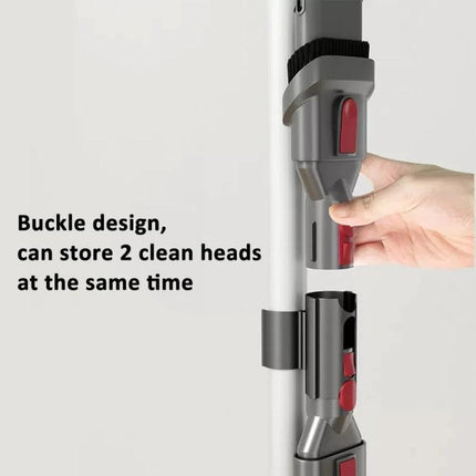 Dyson V6 to V15 Vacuum Attachment Storage Holder Clip mounted on extension rod holding two small cleaning heads for quick tool swaps