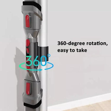 Dyson V6 to V15 Vacuum Attachment Storage Holder Clip mounted on extension rod holding two small suction heads for quick 360-degree access