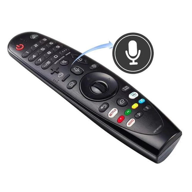 LG Handheld Bluetooth Voice Remote for Smart TVs shown angled on white background highlighting voice command button and navigation controls