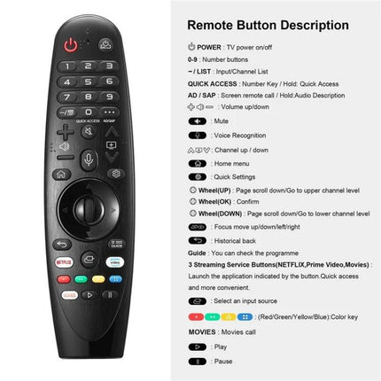 LG Handheld Bluetooth Voice Remote for Smart TVs - black ergonomic remote showing voice button, navigation wheel, and streaming service buttons