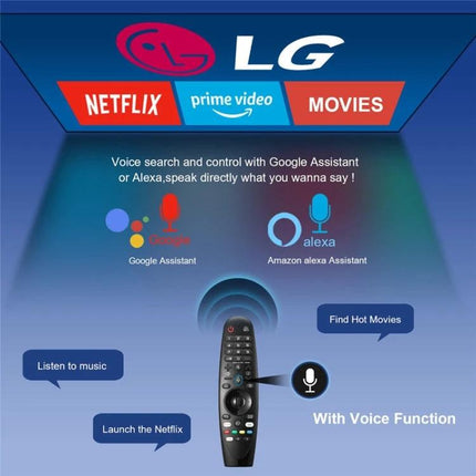 LG Handheld Bluetooth Voice Remote for Smart TVs showing voice assistant icons (Google Assistant, Alexa) and streaming app buttons