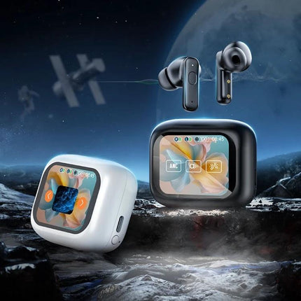 Wireless Bluetooth Earphones With Touchscreen Case For Commuting shown with ergonomic earbuds, ANC, ENC and 13mm drivers